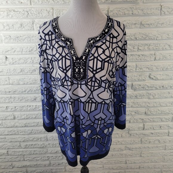 JM Collection Womens Top Extra Large 3/4 Sleeve Blue Geometric Beaded GEO133E - Picture 1 of 9